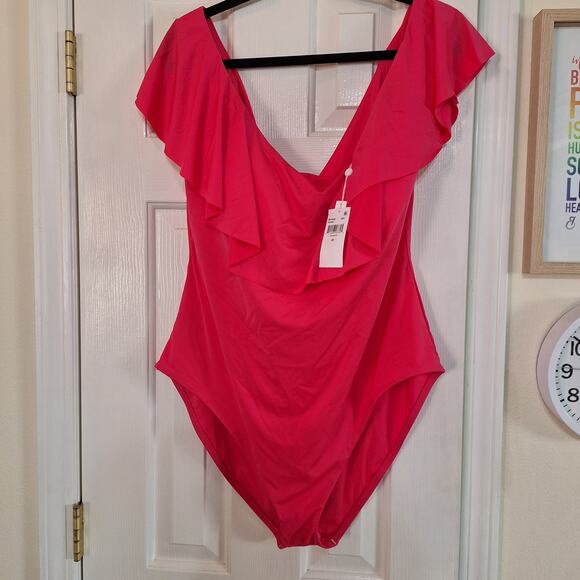 New Trina Turk Monaco Off the Shoulder Ruffle One-Piece Swimsuit pink size 20 - Picture 2 of 6